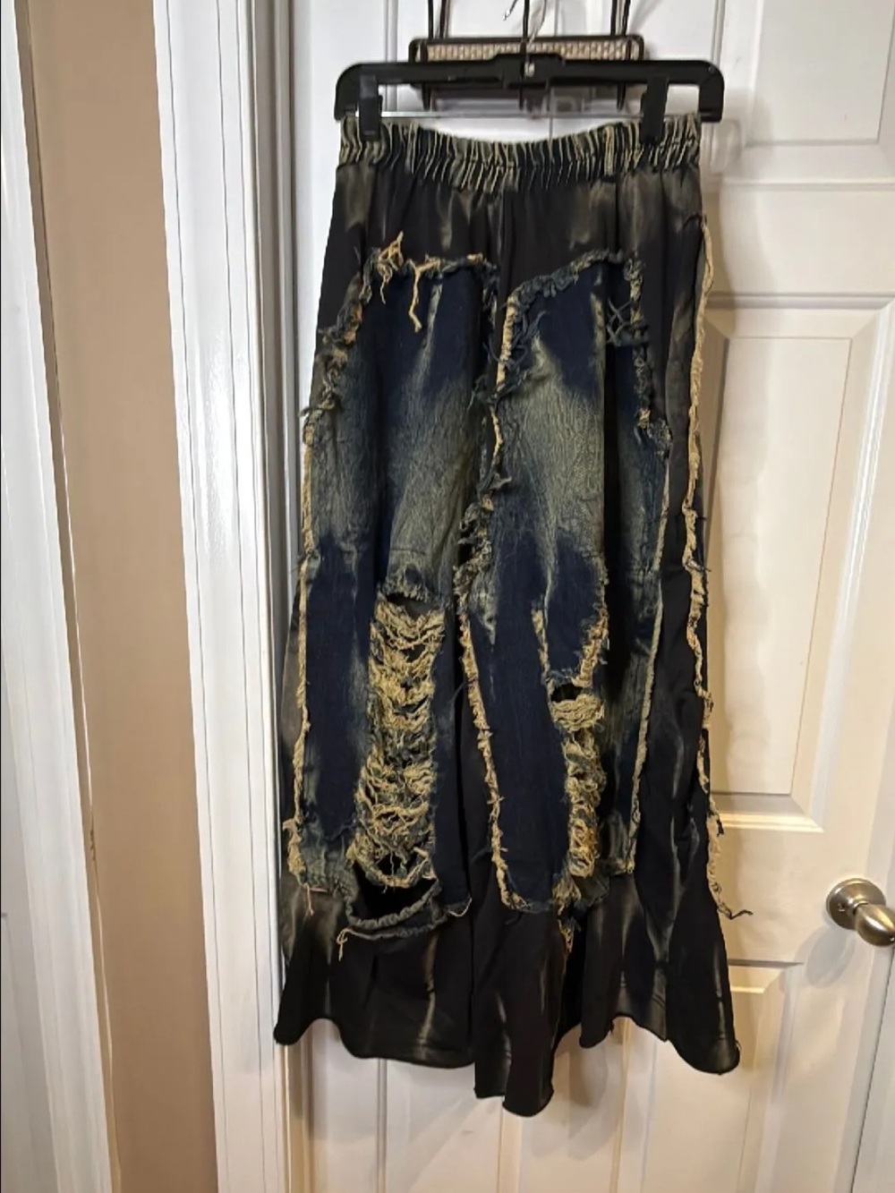 Distressed Black Satin Maxi Jeans with Frayed Denim Panels